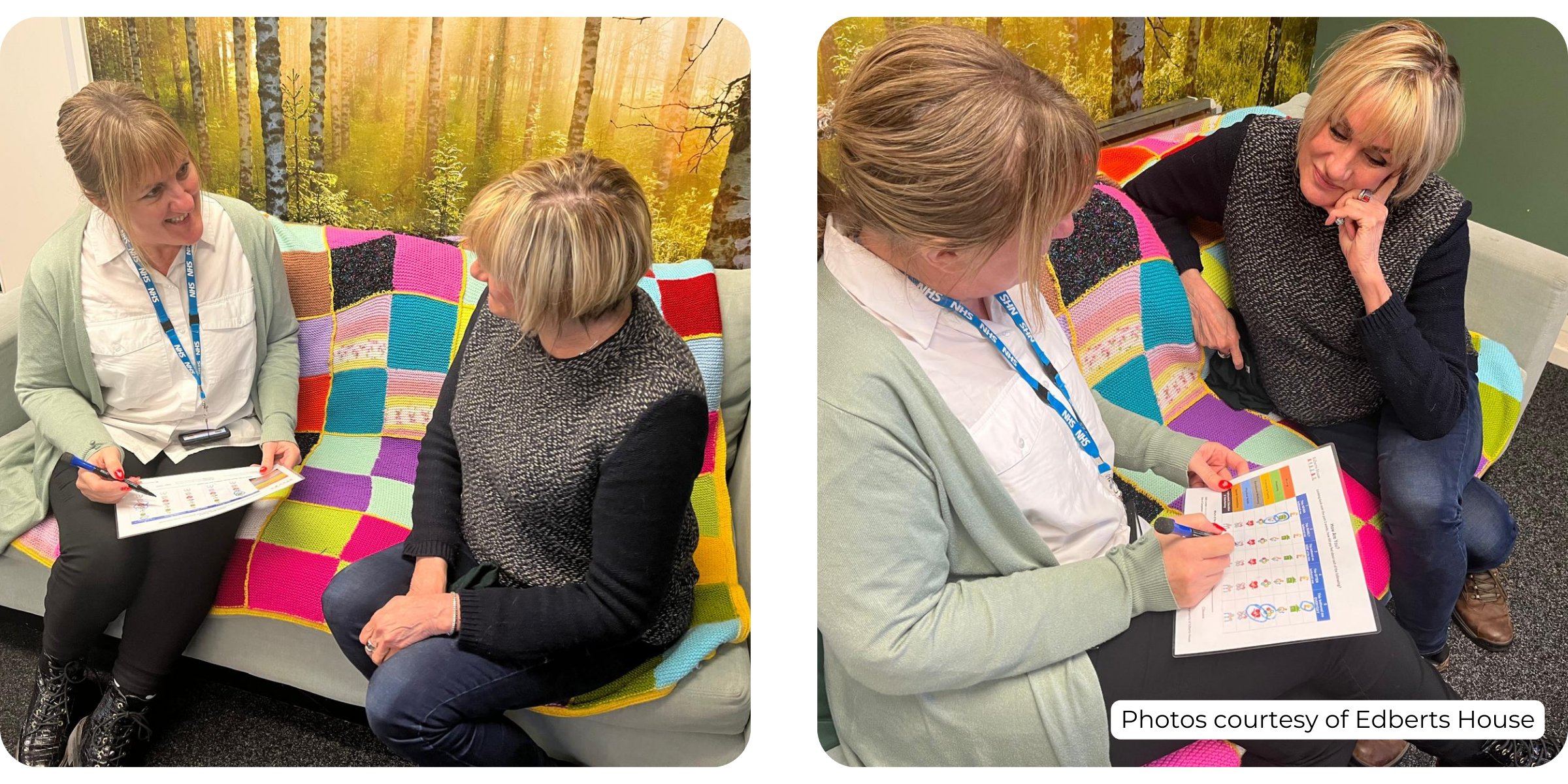 Two photos of two people sitting on a sofa in comfortable surroundings. One holds the HAY response sheet while speaking to the other person in a friendly manner. Photos courtesy of Edberts House.