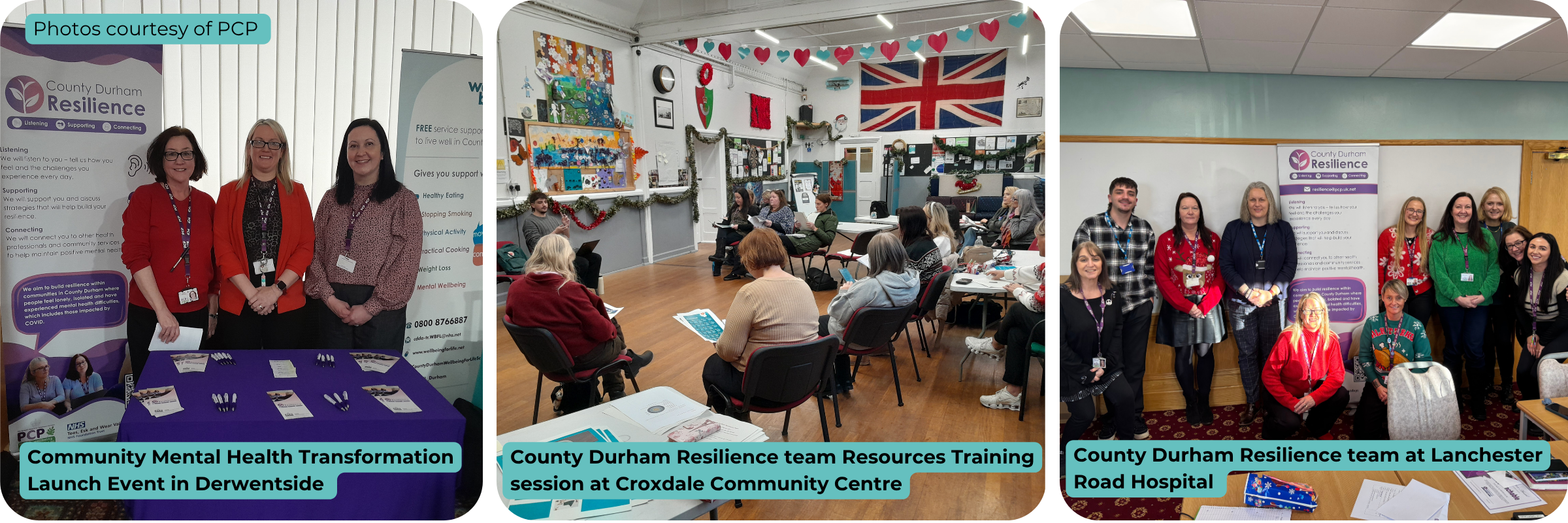 Gallery of photos showing the team with information stalls at events in Derwentside, Lanchester Road Hospital, and delivering a training session at Croxdale Community Centre.