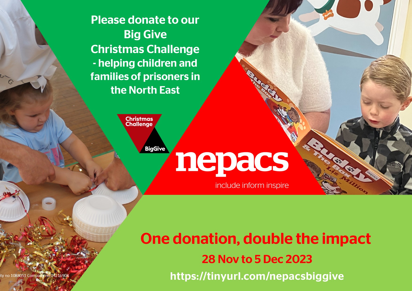 A Nepacs branded image with the caption 'Please donate to our Big Give Christmas Challenge- helping children and families of prisoners in the North East'