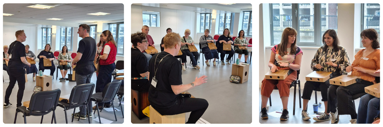 A collage of three photos showing the VONNE team sitting in a semi circle, drums in laps, focussed on working as a team and learning to play together